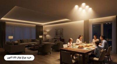 عکسی که در یک قاب، فضای بالای میز ناهارخوری پرنورتر از فضای مبلمان کناری است