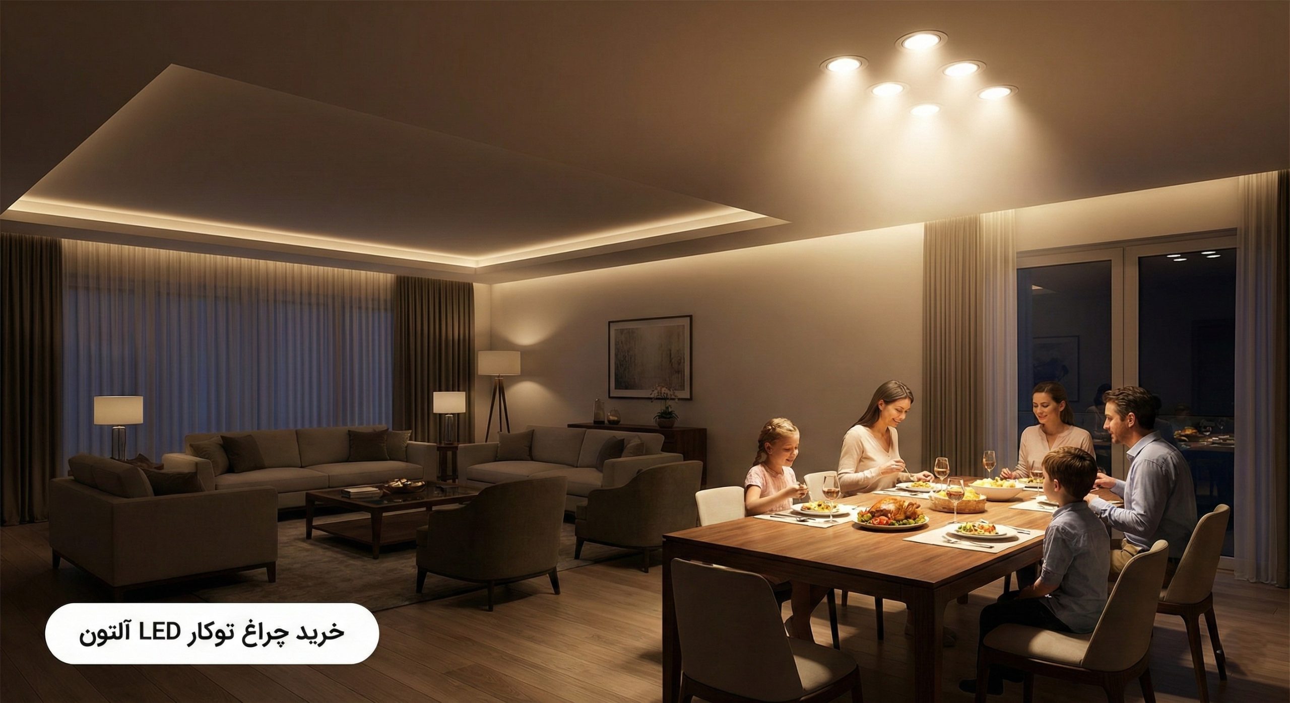 عکسی که در یک قاب، فضای بالای میز ناهارخوری پرنورتر از فضای مبلمان کناری است